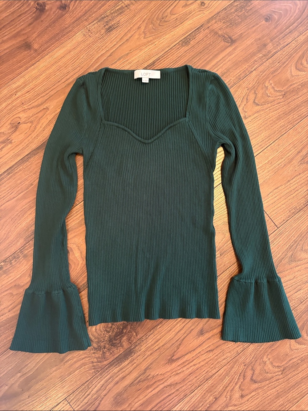 LOFT Dark Green Ribbed Square Neck Long Sleeve Top with Bell Cuffs